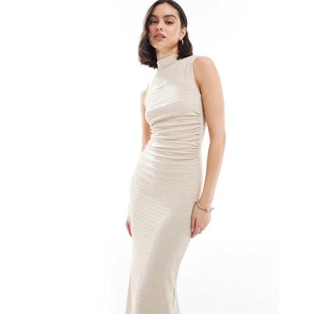Bershka Getextureerde maxi jurk met hoge hals in zandkleur-Neutraal