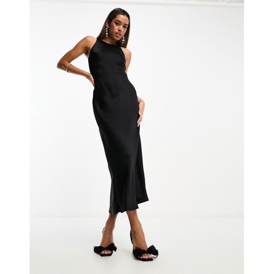 & Other Stories Schuingesneden satijnen midi-jurk in zwart Zwart