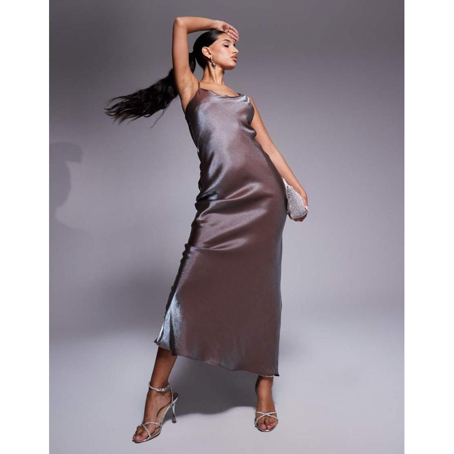 ASOS DESIGN Hoogglanzende maxi-slipdress in metallic zilver Zilver