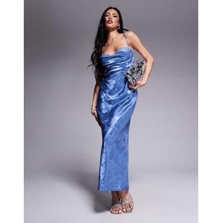 Rare London Satijnen maxi jurk met gerimpelde buste en open achterkant met bandjes in blauw met vlinderprint