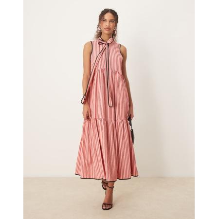 Sister Jane Gestreepte midi-jurk met contrast en strik in roze