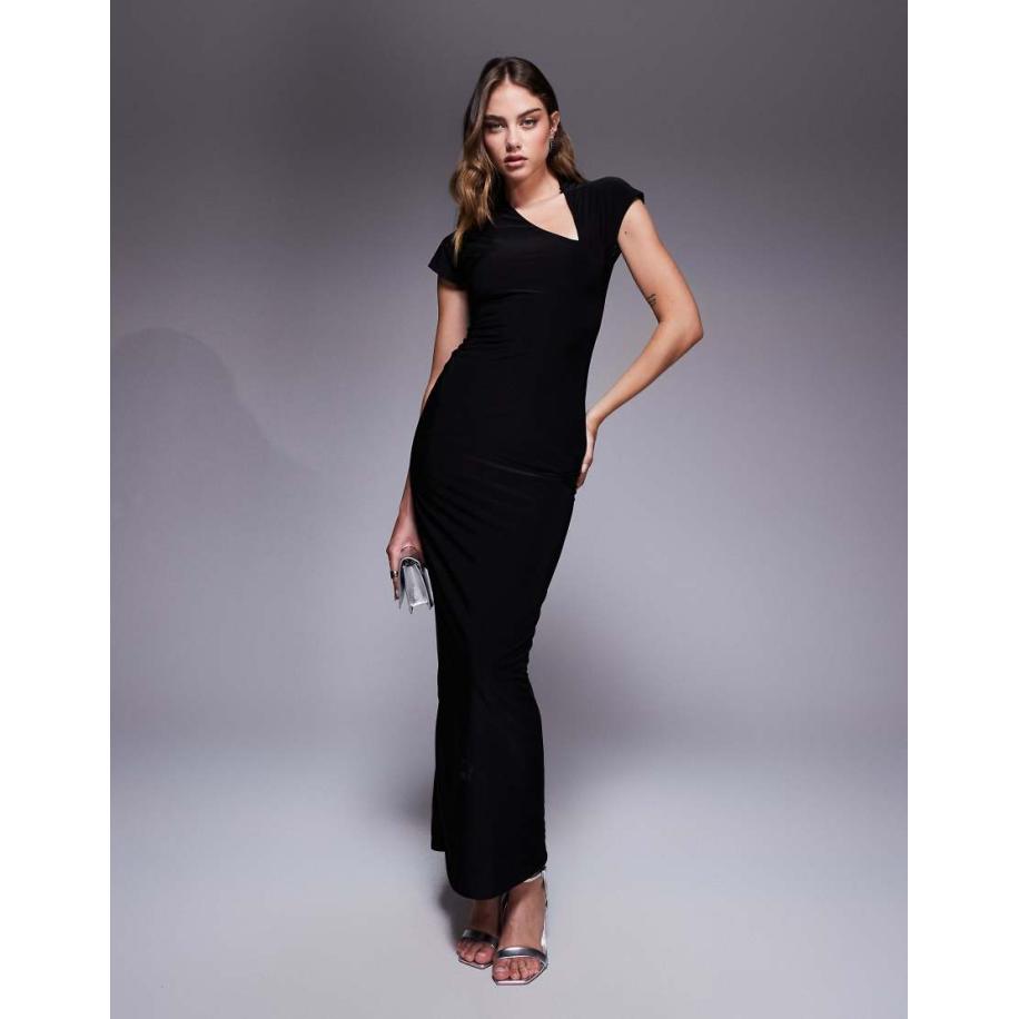 Fashionkilla Dubbel voorgevormde maxi-jurk van gladde stof met kapmouwtjes en split in zwart Zwart