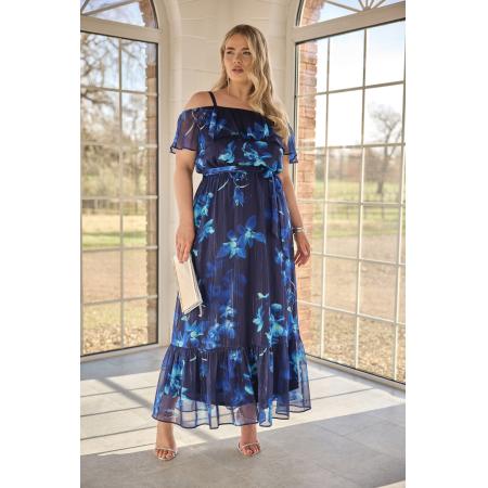 Yours London Maxijurk Met Bloemenprint En Bardothals In Metallic Donkerblauw Size 58-60