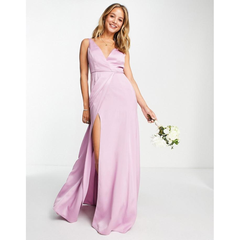 ASOS DESIGN Bruidsmeisjes Satijnen maxi wikkeljurk met strikdetail in lila-Paars Paars