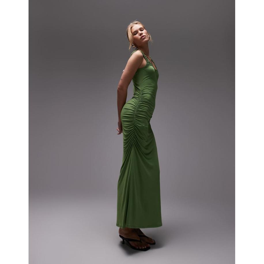 Topshop Maxi jurk van gladde stof met lage ronde hals in groen Groen