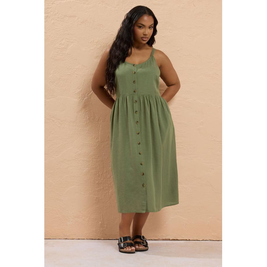 Yours Zonnejurk Van Katoenmix Met Knoopsluiting En Steekzakken In Kakigroen Size 66-68 Groen