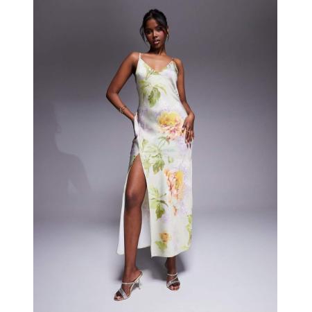 ASOS DESIGN Satijnen midaxi jurk met V-hals, naaddetail, bloemenprint en split in groen