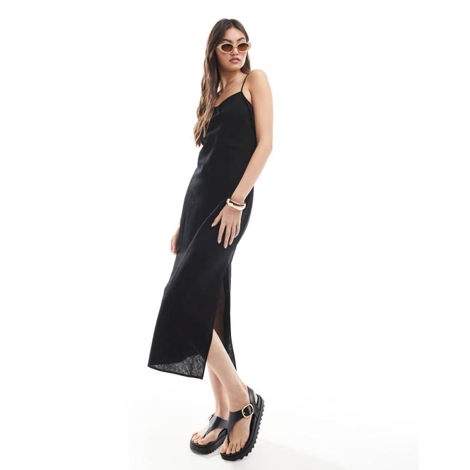 Monki Midaxi slipdress van linnenmix in zwart, exclusief bij ASOS Zwart