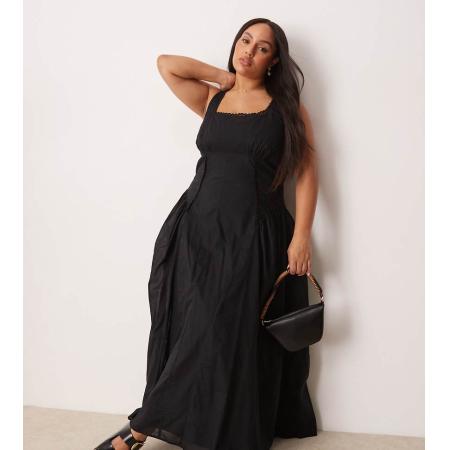 ASOS DESIGN Curve Maxi prairie-jurk met vierkante hals en verlaagde taille in zwart