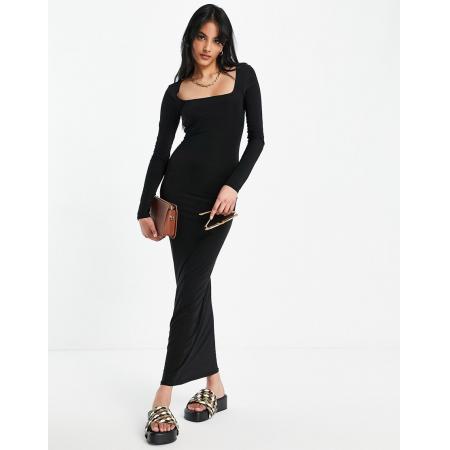 ASOS DESIGN Strakke maxi jurk met vierkante halslijn en lange mouwen in zwart