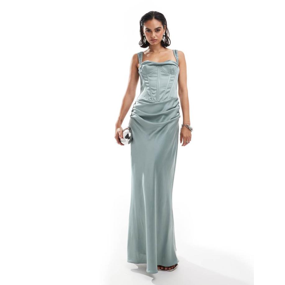 ASOS DESIGN Maxi jurk van gedrapeerd satijn met korsetdetail en veters aan de achterkant in zeegroen Groen