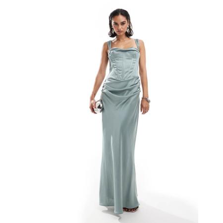 ASOS DESIGN Maxi jurk van gedrapeerd satijn met korsetdetail en veters aan de achterkant in zeegroen