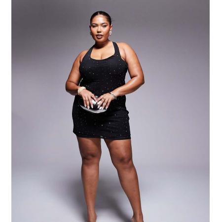 ASOS DESIGN Curve Mini-halterjurk met lage ronde hals en verspreide siersteentjes in zwart