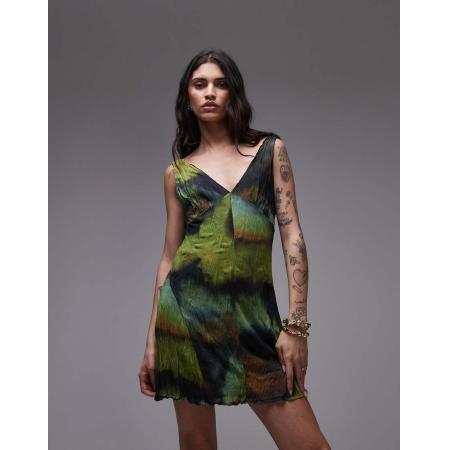 Topshop Zwierige mini-jurk van gekreukt mesh met V-hals in multi-Zwart