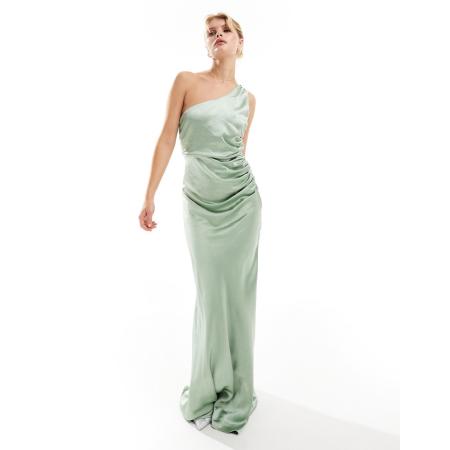 Six Stories Bruidsmeisjes Satijnen maxi jurk met blote schouder in saliegroen