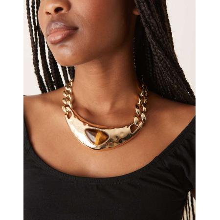 ASOS DESIGN Grove schakelketting met tijgeroog-steentje in goudkleur