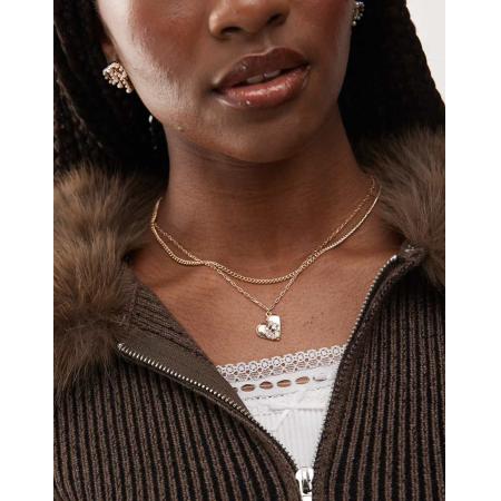 Reclaimed Vintage Ketting met 2 rijen met schakelketting en harthangertje in goud