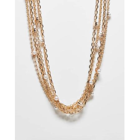 Reclaimed Vintage Gelaagde uniseks schakelketting met pareltjes in goud