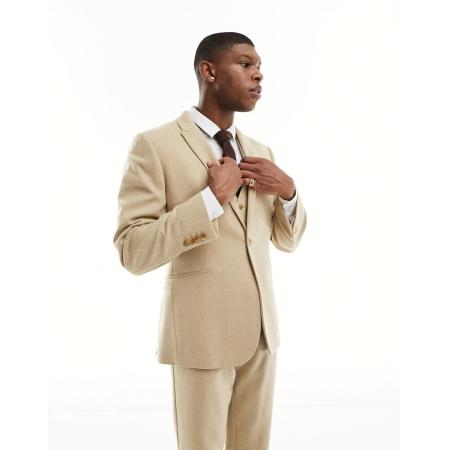 ASOS DESIGN Wedding - Smal colbert van wolmix in beige met textuur van geweven steken-Neutraal