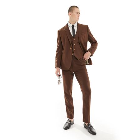 ASOS DESIGN Wedding - Smalle pantalon van wolmix in bruin met textuur van geweven steken