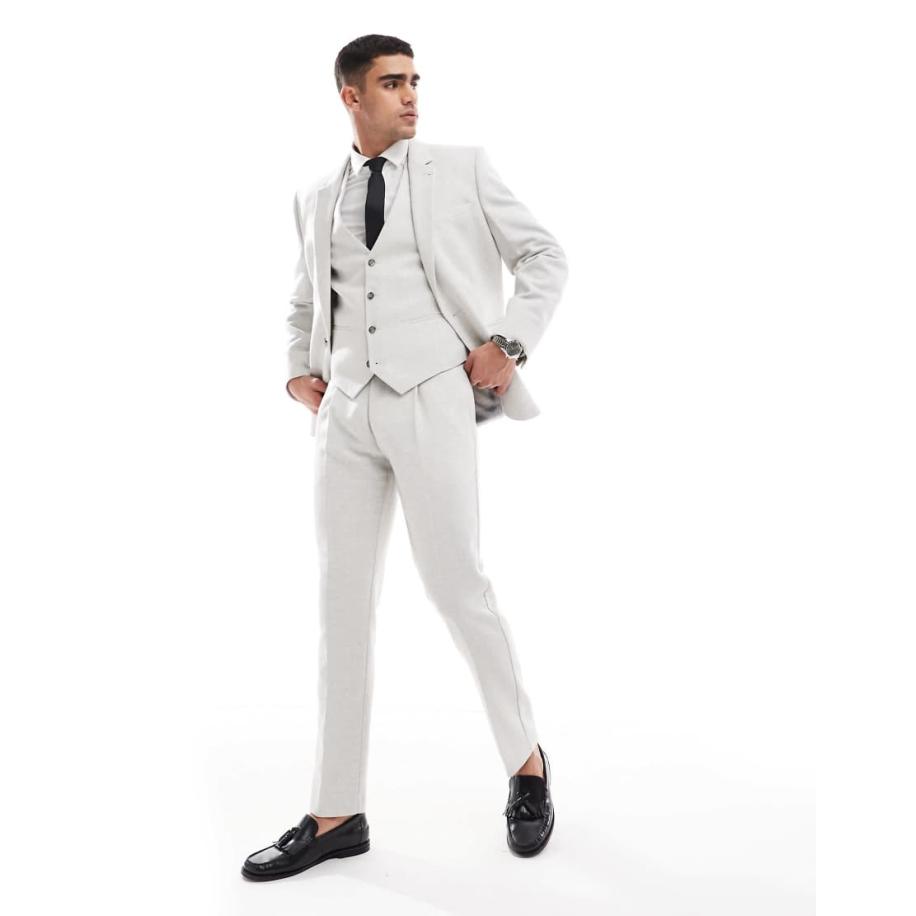 ASOS DESIGN - Smalle pantalon van wolmix met visgraatmotief in ijsgrijs-Neutraal Multicolor