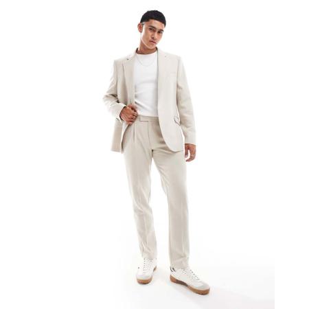 ASOS DESIGN - Smalle pantalon van wolmix met visgraatmotief in stone-Neutraal