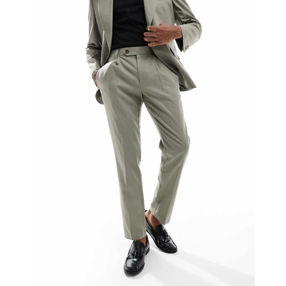 ASOS DESIGN - Smalle pantalon van linnenmix in kaki-Groen Groen