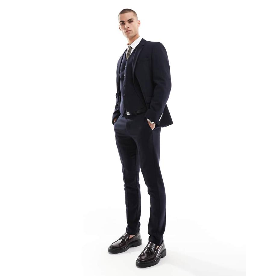 ASOS DESIGN - Skinny pantalon van wolmix in marineblauw Blauw