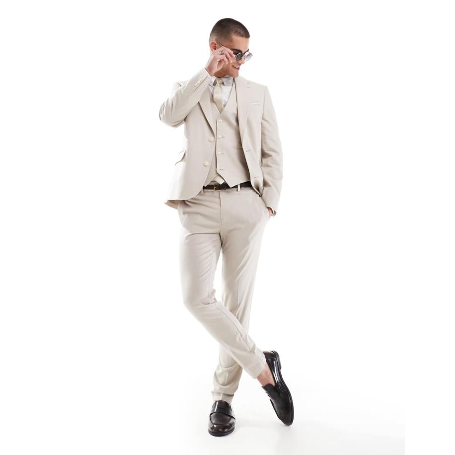 ASOS DESIGN - Smalle pantalon van linnenmix in stone-Neutraal Multicolor