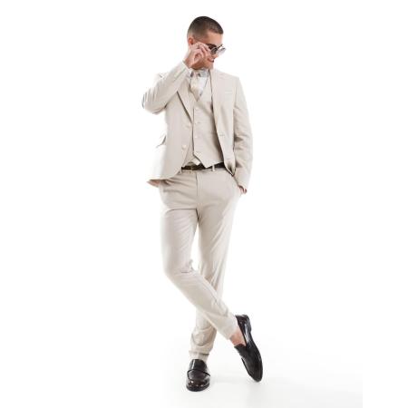 ASOS DESIGN - Smalle pantalon van linnenmix in stone-Neutraal