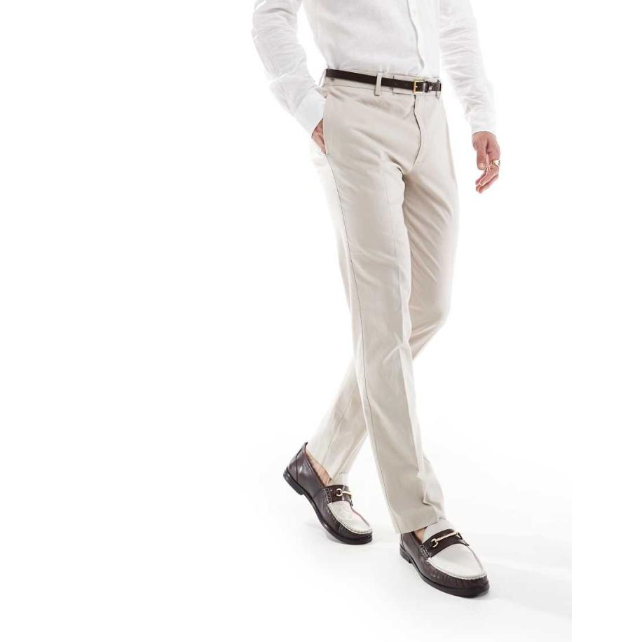 ASOS DESIGN - Smalle pantalon van linnenmix in stone-Neutraal Multicolor