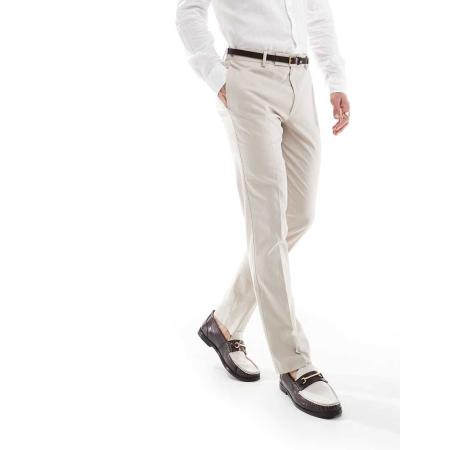 ASOS DESIGN - Smalle pantalon van linnenmix in stone-Neutraal