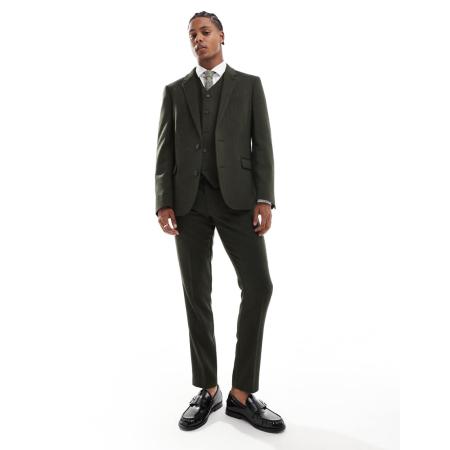 ASOS DESIGN - Nieuw - Skinny pantalon van wolmix met visgraatmotief in olijfgroen