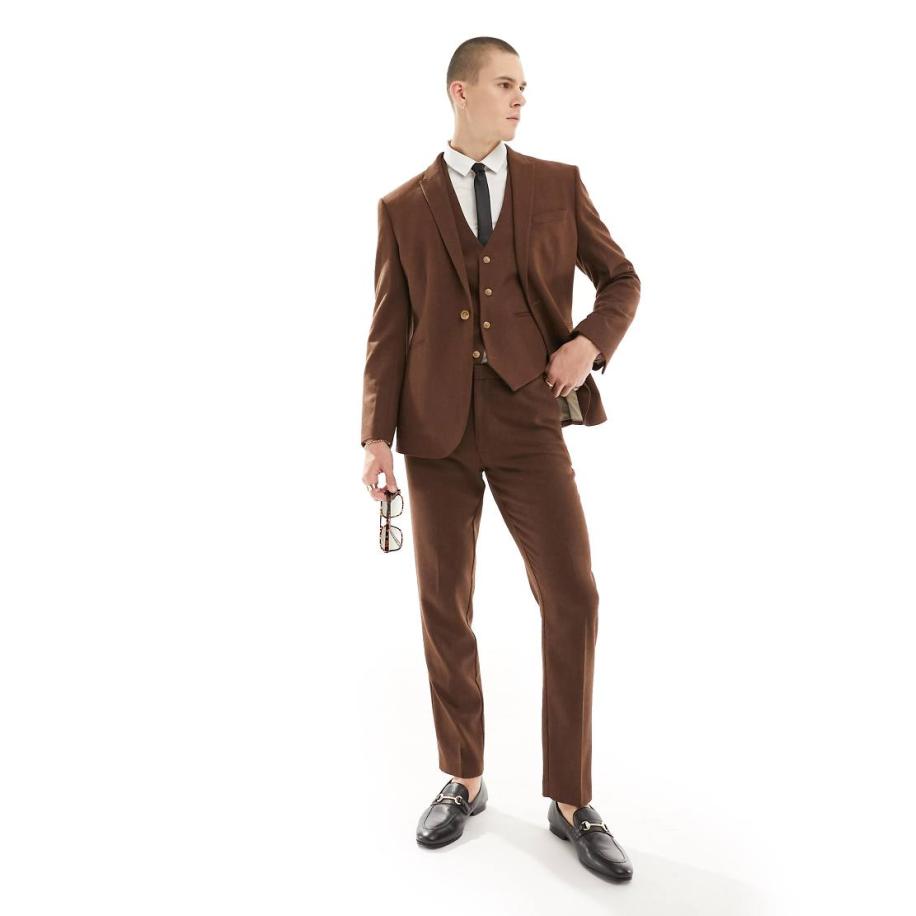 ASOS DESIGN Wedding - Smalle pantalon van wolmix in bruin met textuur van geweven steken Bruin