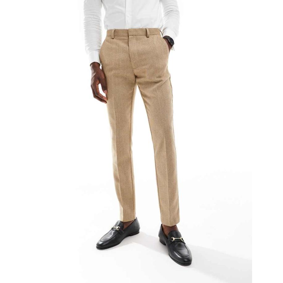 ASOS DESIGN - Skinny pantalon van wolmix met mandensteektextuur in karamel-Neutraal Multicolor