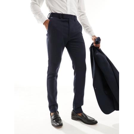 ASOS DESIGN - Skinny pantalon van wolmix met brede visgraattextuur in marineblauw
