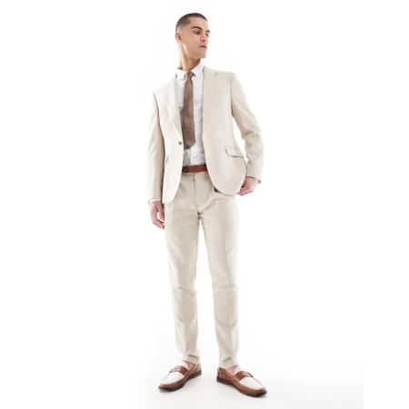 ASOS DESIGN - Skinny pantalon van wolmix met visgraatmotief in stone-Neutraal