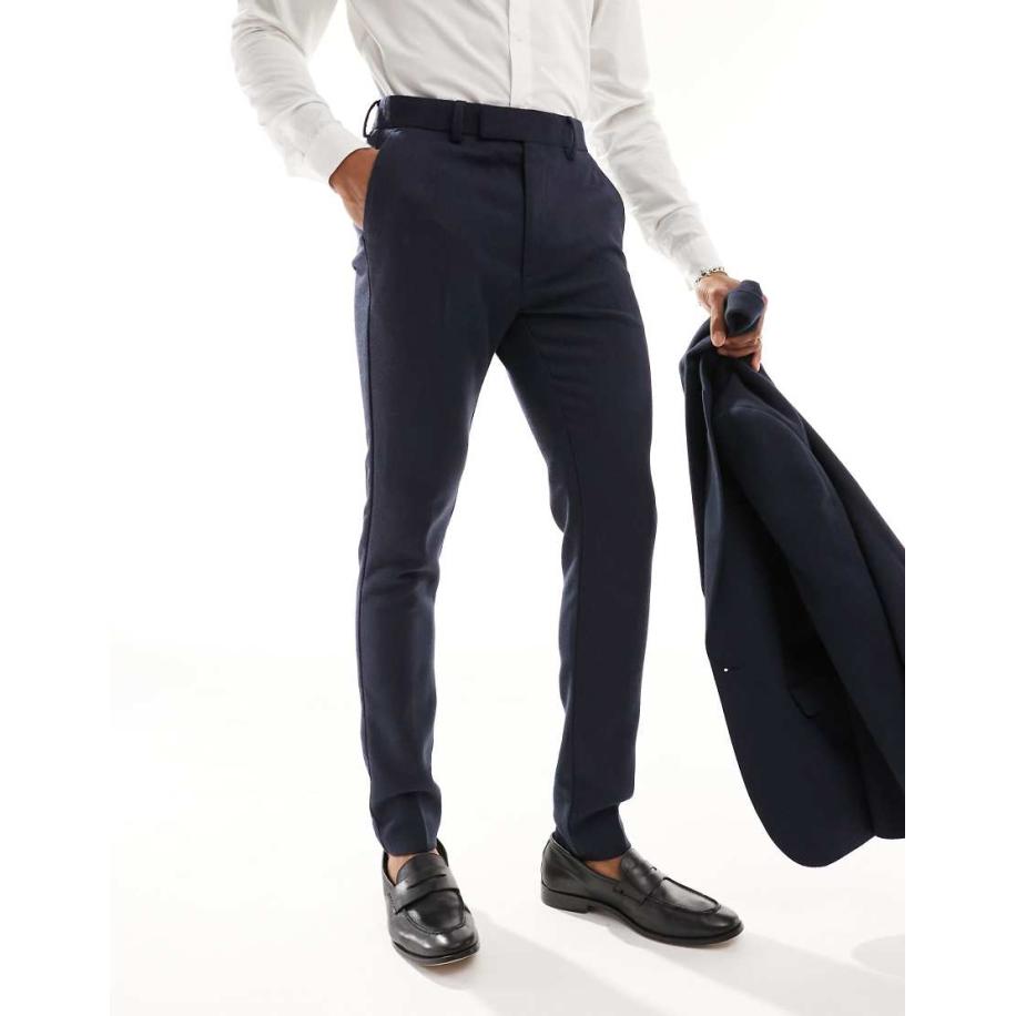 ASOS DESIGN - Skinny pantalon van wolmix met brede visgraattextuur in marineblauw Blauw