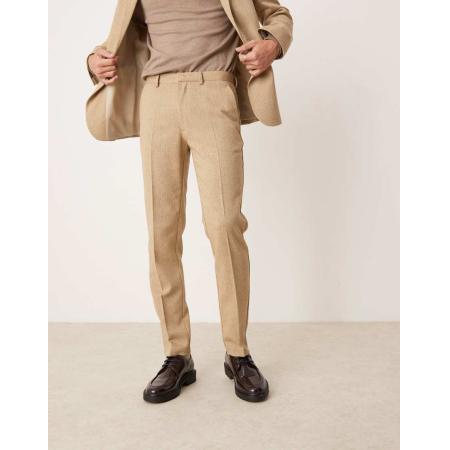 ASOS DESIGN Wedding - Smalle pantalon van wolmix in beige met geweven textuur-Neutraal