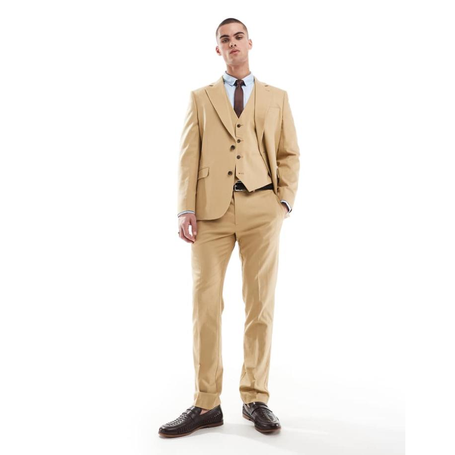 ASOS DESIGN - Smalle pantalon van linnenmix in beige-Neutraal Multicolor