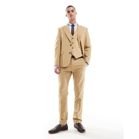 ASOS DESIGN - Smalle pantalon van linnenmix in beige-Neutraal