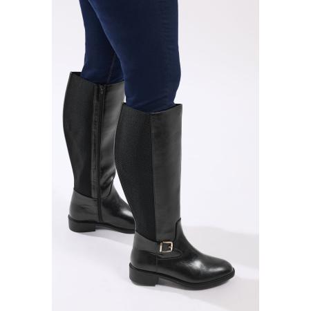 Yours Zwarte Kniehoge Laarzen Met Gesp En Stretch In Extra Brede Eeepasvormsize 42EEE