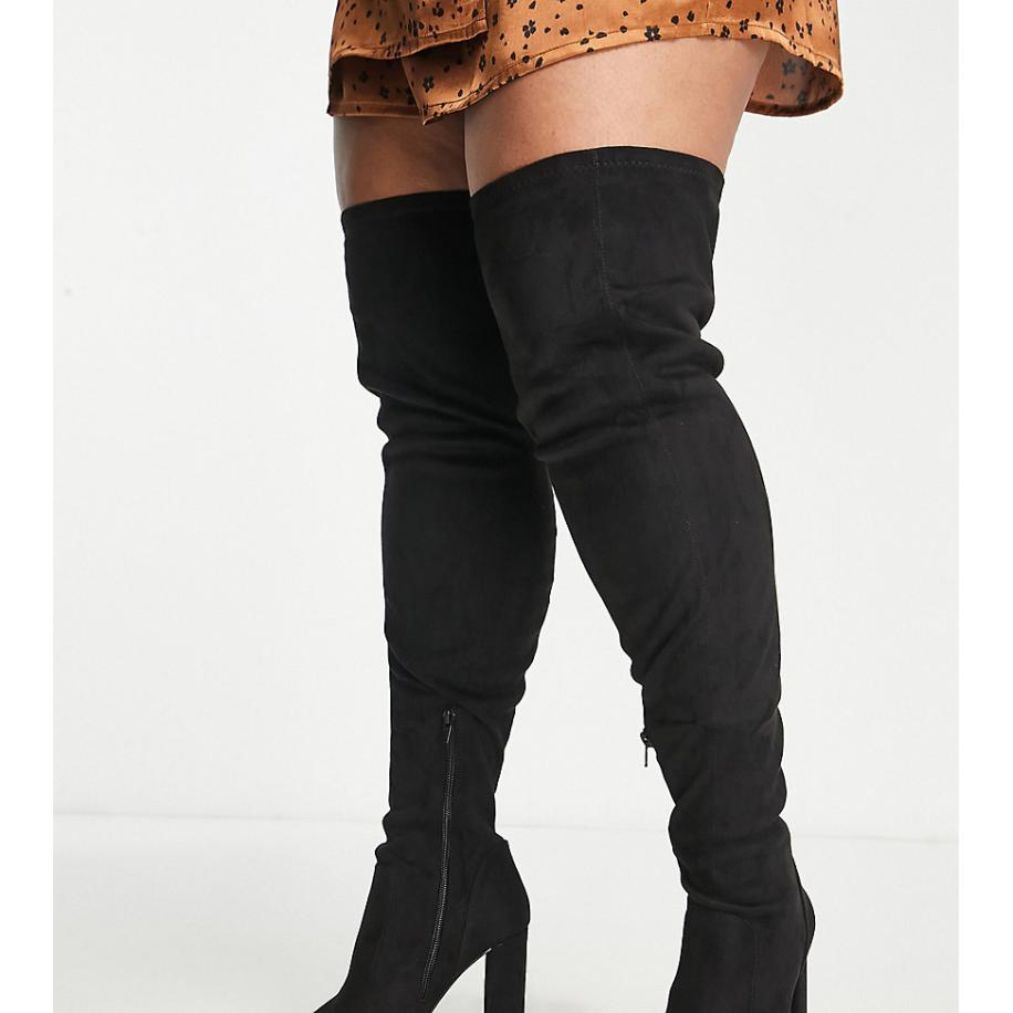 ASOS DESIGN Curve Kenni Over-de-knie-laarzen met blokhak in zwart Zwart