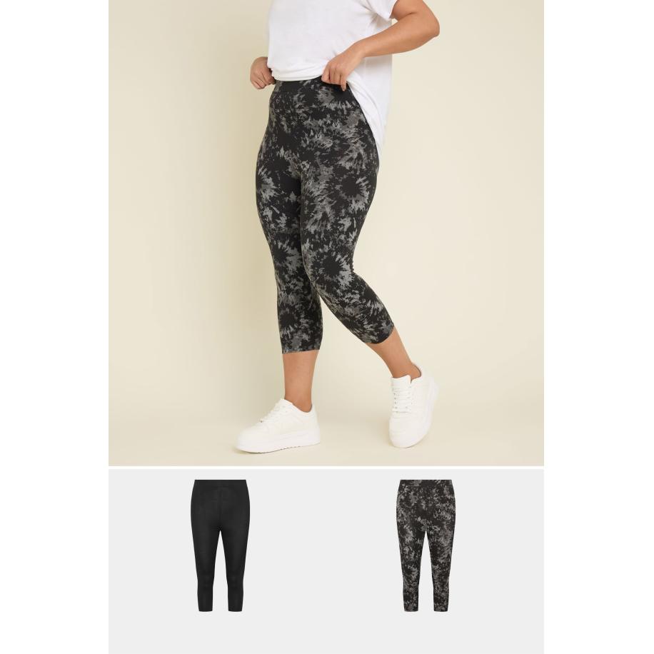 Yours Set Van Twee Paar Cropped Leggings Met Tiedye Print In Zwart Size 66-68 Grijs