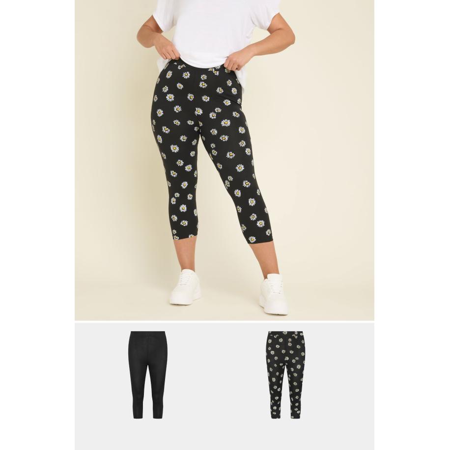 Yours Set Van Twee Paar Cropped Leggings Met Madeliefjesprint In Zwart Size 66-68 Zwart