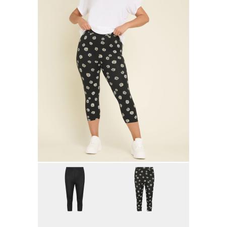 Yours Set Van Twee Paar Cropped Leggings Met Madeliefjesprint In Zwart Size 66-68