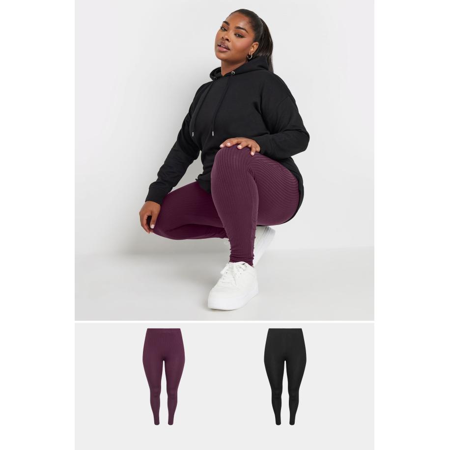 Yours Set Van Twee Paar Leggings Met Geribbelde Textuur In Zwart/Bordeauxrood Size 58-60 Rood
