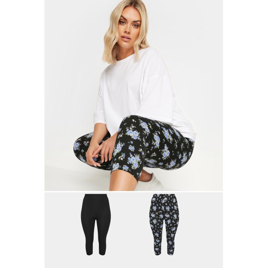 Yours Set Van Twee Paar Cropped Leggings Met Bloemontwerp In Zwart/Blauw Size 54 Zwart