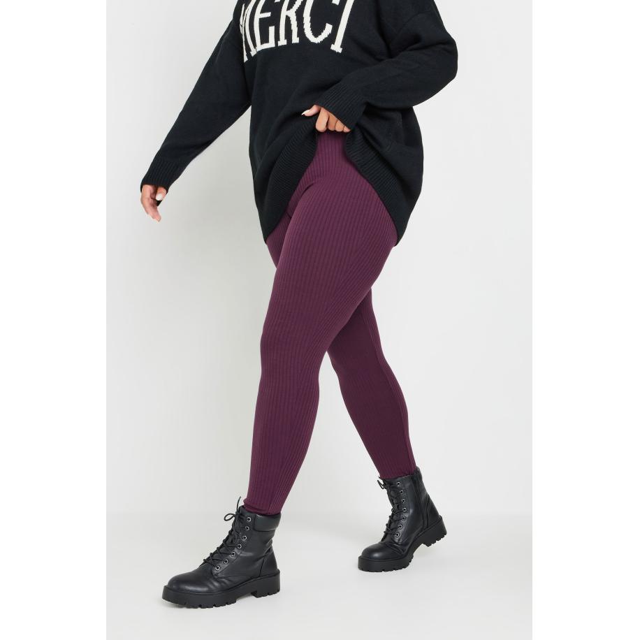 Yours Geribbelde Legging Met Elastische Taille In Bordeauxrood Size 58-60 Paars