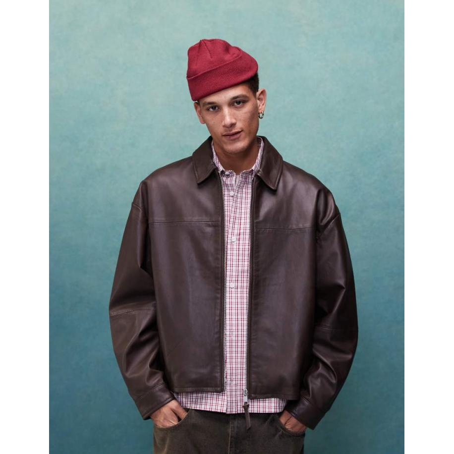 ASOS DESIGN - Premium - Oversized cropped Harrington jack van echt leer in bruin-Zwart Zwart